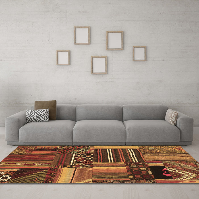Machine Washable Patchwork Brown Transitional Rug in a Living Room,, wshcon438brn