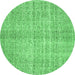 Round Machine Washable Abstract Emerald Green Contemporary Area Rugs, wshcon439emgrn