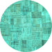 Round Machine Washable Patchwork Turquoise Transitional Area Rugs, wshcon442turq