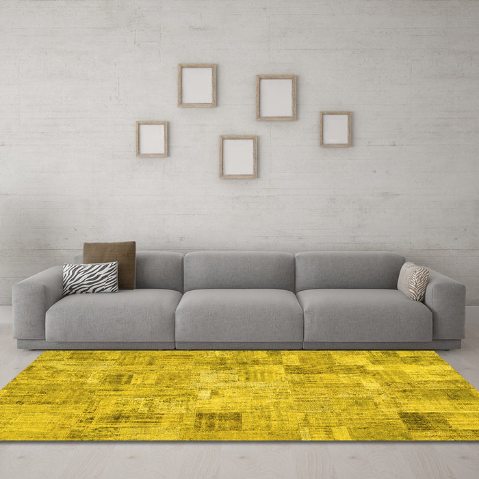 Machine Washable Patchwork Yellow Transitional Rug in a Living Room, wshcon442yw