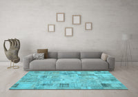 Machine Washable Patchwork Light Blue Transitional Rug, wshcon442lblu