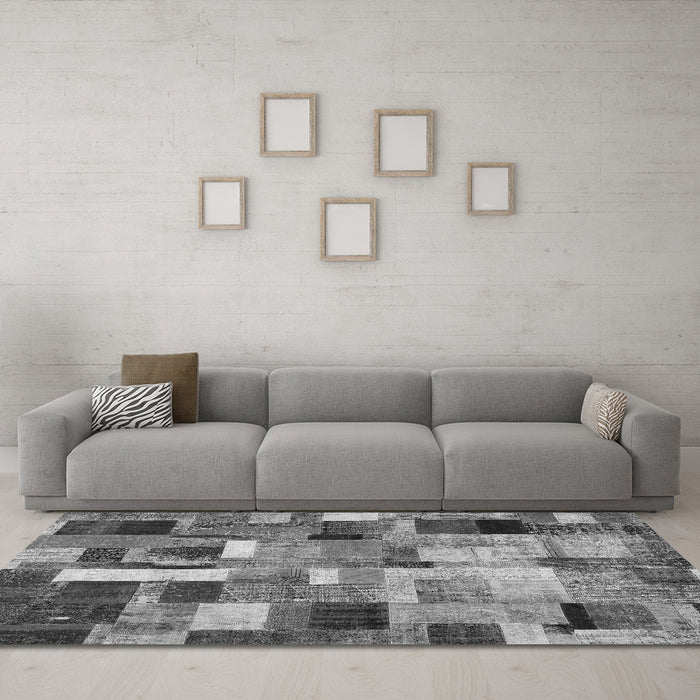 Machine Washable Patchwork Gray Transitional Rug in a Living Room,, wshcon443gry