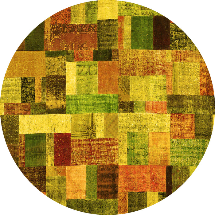 Round Machine Washable Patchwork Yellow Transitional Rug, wshcon443yw