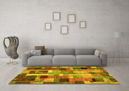 Machine Washable Patchwork Yellow Transitional Rug in a Living Room, wshcon443yw