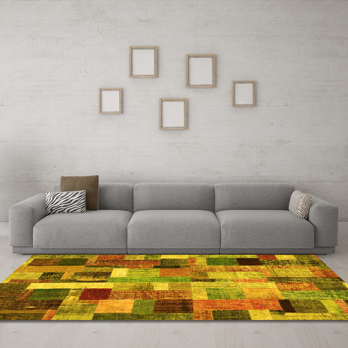 Machine Washable Patchwork Yellow Transitional Rug in a Living Room, wshcon443yw