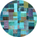 Round Machine Washable Patchwork Light Blue Transitional Rug, wshcon443lblu