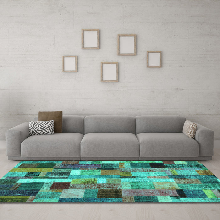 Machine Washable Patchwork Turquoise Transitional Area Rugs in a Living Room,, wshcon443turq