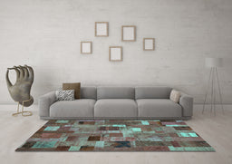 Machine Washable Patchwork Turquoise Transitional Area Rugs in a Living Room,, wshcon445turq