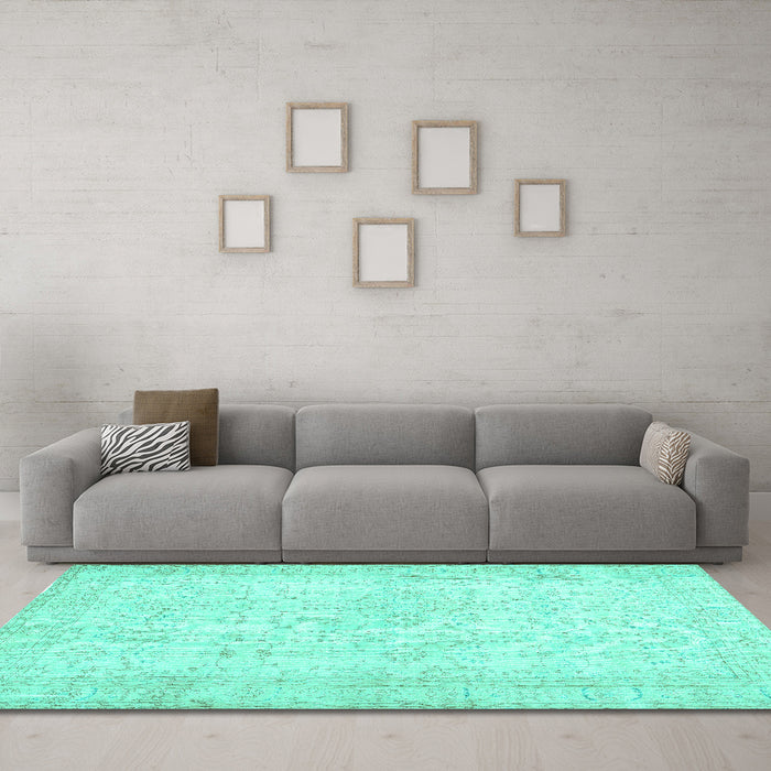 Machine Washable Abstract Turquoise Contemporary Area Rugs in a Living Room,, wshcon450turq