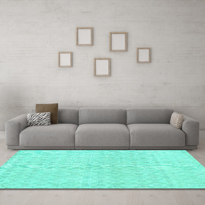 Machine Washable Abstract Turquoise Contemporary Area Rugs in a Living Room,, wshcon451turq