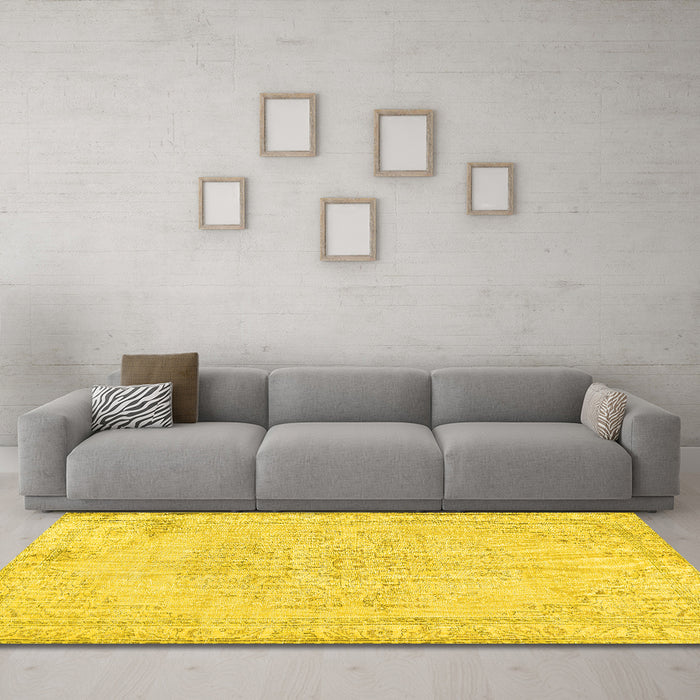 Machine Washable Abstract Yellow Contemporary Rug in a Living Room, wshcon455yw