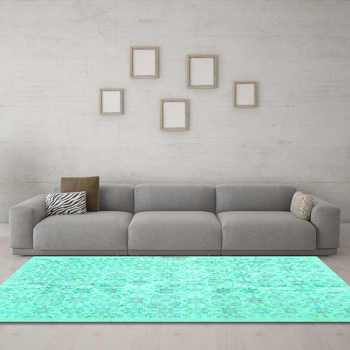 Machine Washable Abstract Turquoise Contemporary Area Rugs in a Living Room,, wshcon461turq