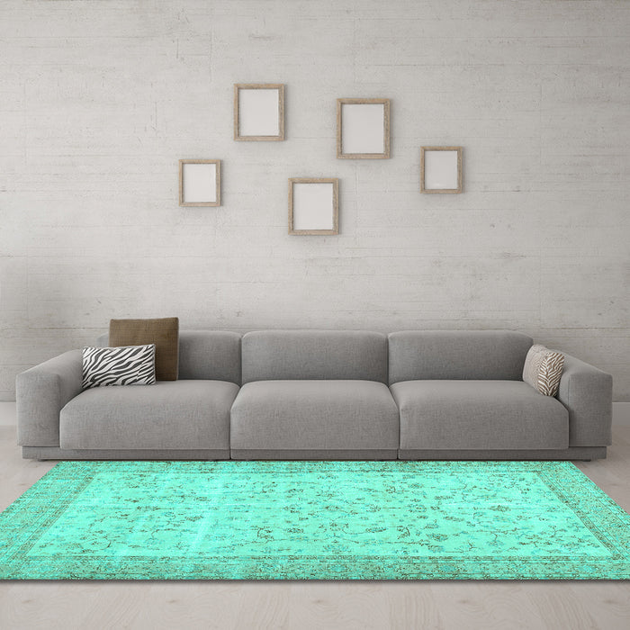 Machine Washable Abstract Turquoise Contemporary Area Rugs in a Living Room,, wshcon474turq