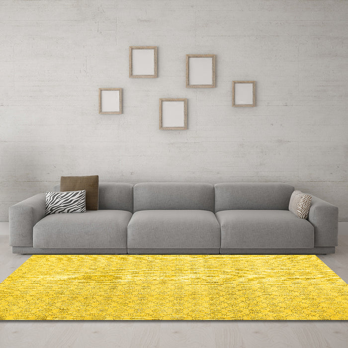 Machine Washable Abstract Yellow Contemporary Rug in a Living Room, wshcon475yw