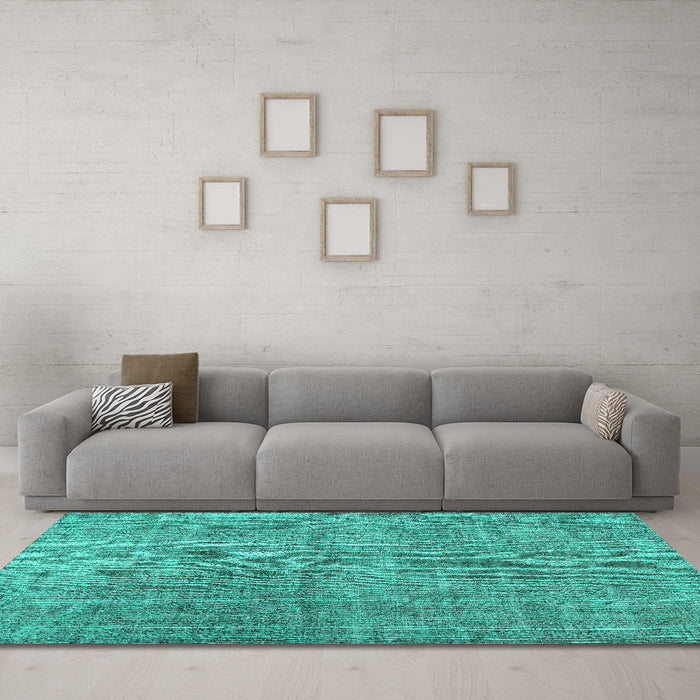 Machine Washable Abstract Turquoise Contemporary Area Rugs in a Living Room,, wshcon479turq