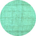 Round Machine Washable Abstract Turquoise Contemporary Area Rugs, wshcon480turq