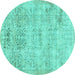 Round Machine Washable Abstract Turquoise Contemporary Area Rugs, wshcon482turq