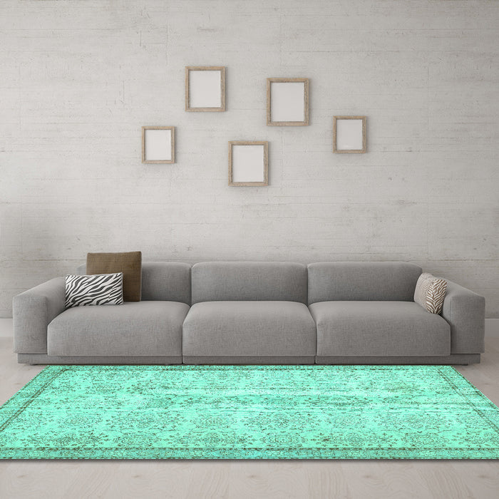 Machine Washable Abstract Turquoise Contemporary Area Rugs in a Living Room,, wshcon486turq
