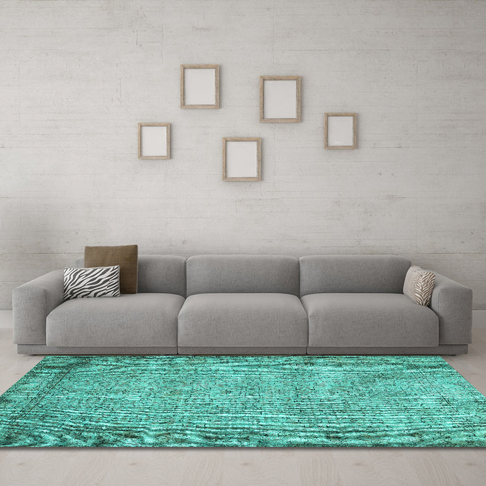 Machine Washable Abstract Turquoise Contemporary Area Rugs in a Living Room,, wshcon487turq