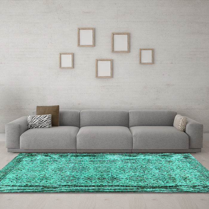 Machine Washable Abstract Turquoise Contemporary Area Rugs in a Living Room,, wshcon488turq