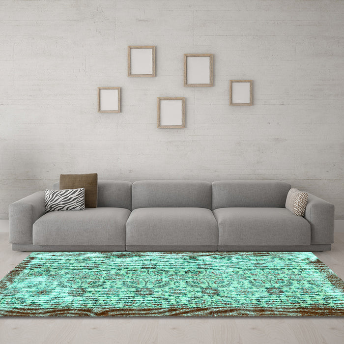 Machine Washable Abstract Turquoise Contemporary Area Rugs in a Living Room,, wshcon490turq