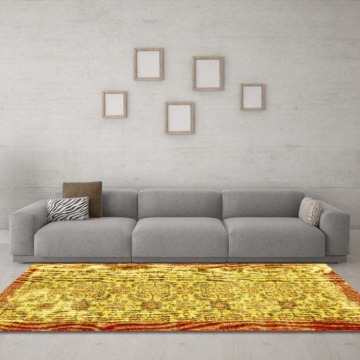 Machine Washable Abstract Yellow Contemporary Rug in a Living Room, wshcon490yw