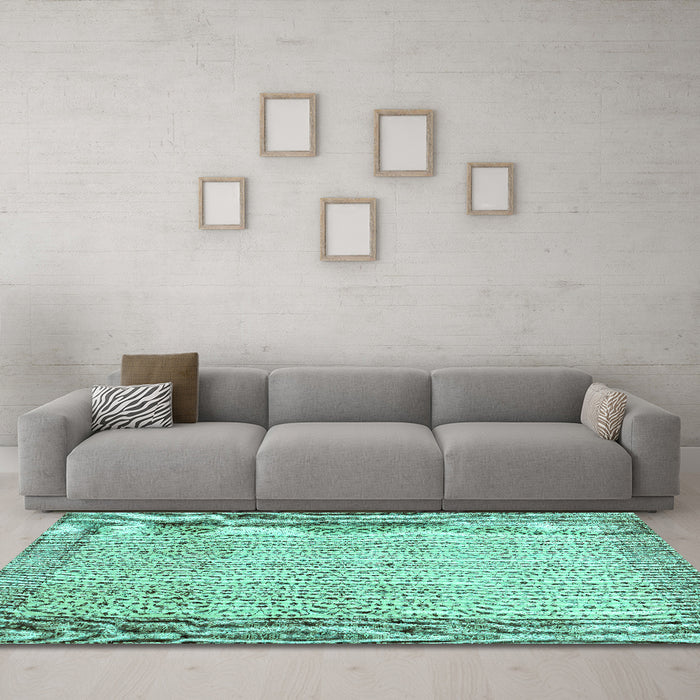 Machine Washable Abstract Turquoise Contemporary Area Rugs in a Living Room,, wshcon491turq