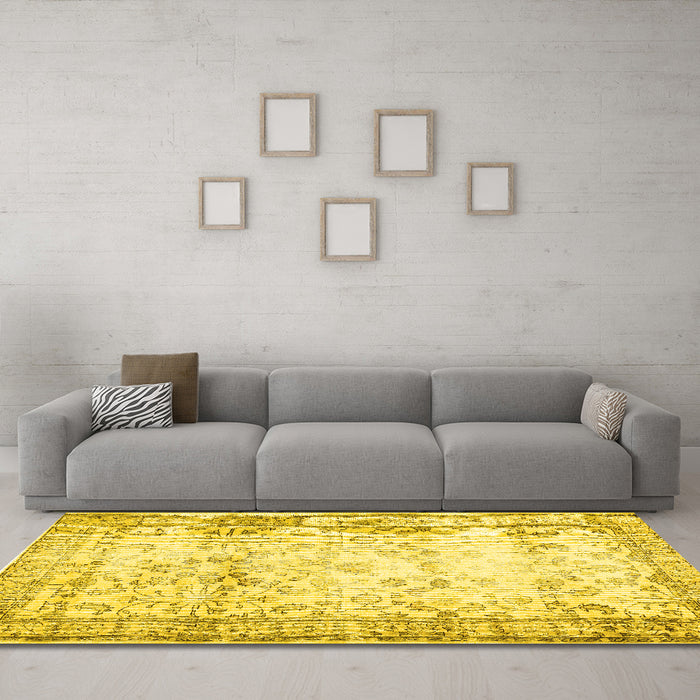 Machine Washable Abstract Yellow Contemporary Rug in a Living Room, wshcon493yw