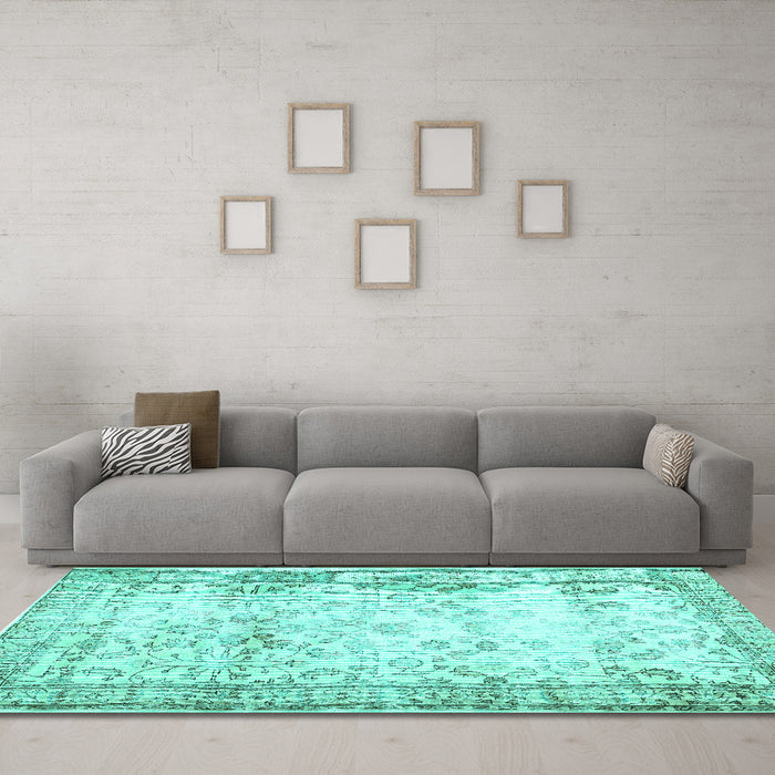 Machine Washable Abstract Turquoise Contemporary Area Rugs in a Living Room,, wshcon493turq