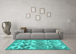 Machine Washable Abstract Turquoise Contemporary Area Rugs in a Living Room,, wshcon496turq