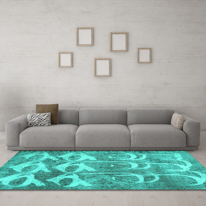 Machine Washable Abstract Turquoise Contemporary Area Rugs in a Living Room,, wshcon496turq
