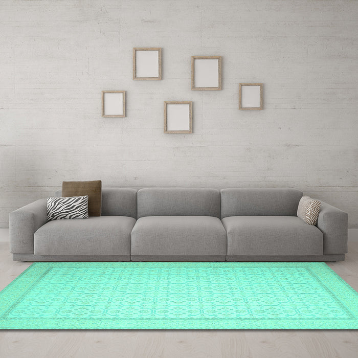 Machine Washable Abstract Turquoise Contemporary Area Rugs in a Living Room,, wshcon497turq