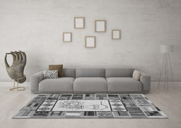 Machine Washable Patchwork Gray Transitional Rug in a Living Room,, wshcon501gry