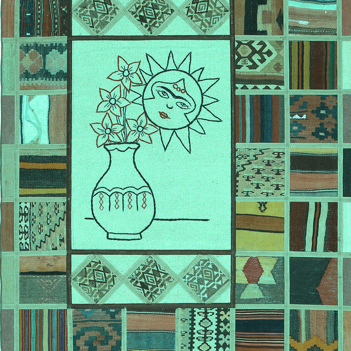 Machine Washable Patchwork Turquoise Transitional Area Rugs, wshcon501turq