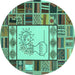 Round Patchwork Turquoise Transitional Rug, con501turq