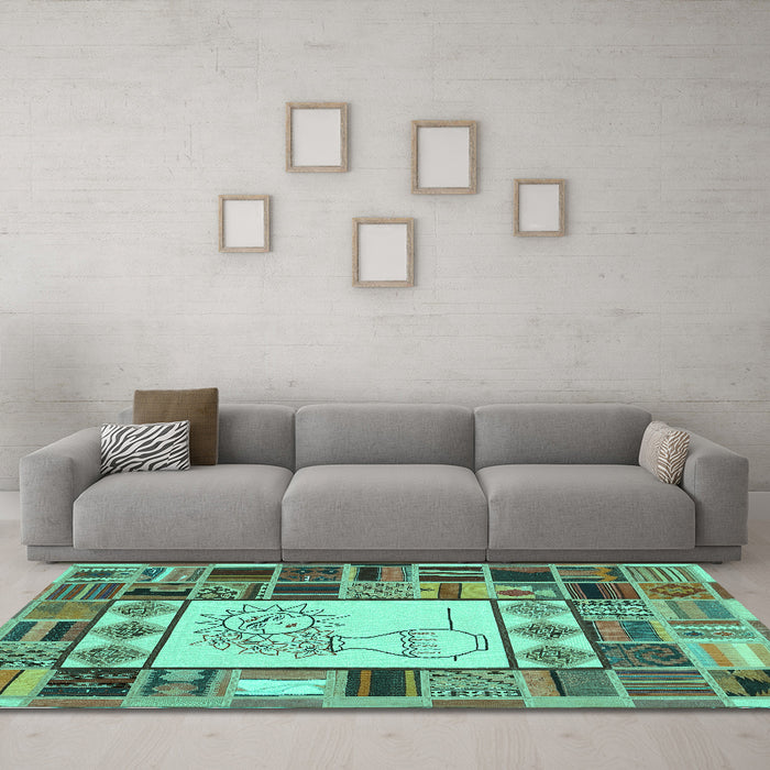 Machine Washable Patchwork Turquoise Transitional Area Rugs in a Living Room,, wshcon501turq