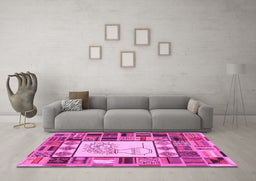 Machine Washable Patchwork Pink Transitional Rug in a Living Room, wshcon501pnk