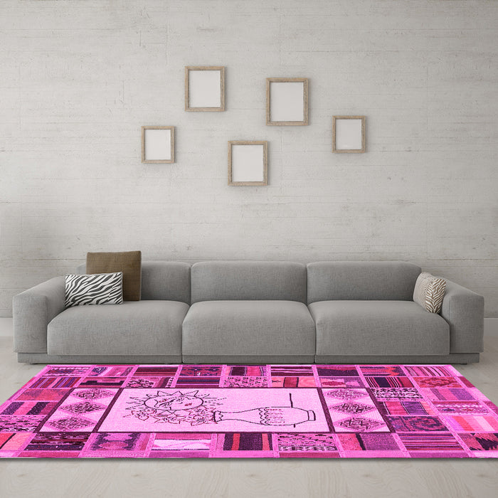 Machine Washable Patchwork Pink Transitional Rug in a Living Room, wshcon501pnk