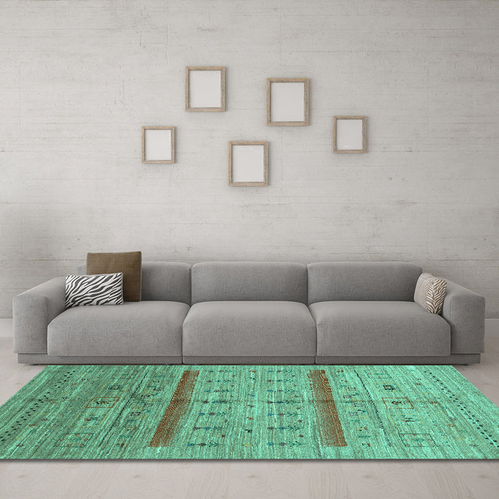 Machine Washable Abstract Turquoise Contemporary Area Rugs in a Living Room,, wshcon503turq