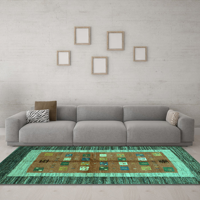 Machine Washable Abstract Turquoise Contemporary Area Rugs in a Living Room,, wshcon509turq