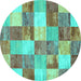 Round Machine Washable Patchwork Turquoise Transitional Area Rugs, wshcon517turq