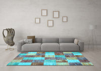 Machine Washable Patchwork Light Blue Transitional Rug, wshcon517lblu