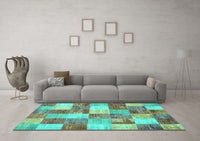Machine Washable Patchwork Turquoise Transitional Rug, wshcon517turq
