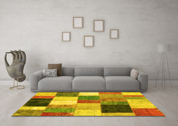 Machine Washable Patchwork Yellow Transitional Rug in a Living Room, wshcon527yw