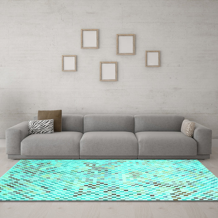 Machine Washable Abstract Turquoise Contemporary Area Rugs in a Living Room,, wshcon528turq