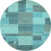 Round Machine Washable Patchwork Light Blue Transitional Rug, wshcon529lblu