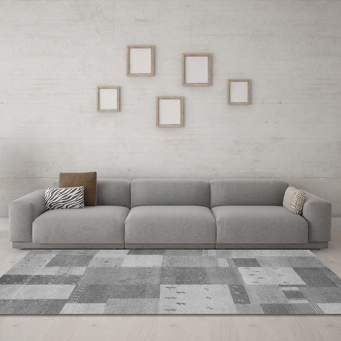 Machine Washable Patchwork Gray Transitional Rug in a Living Room,, wshcon529gry