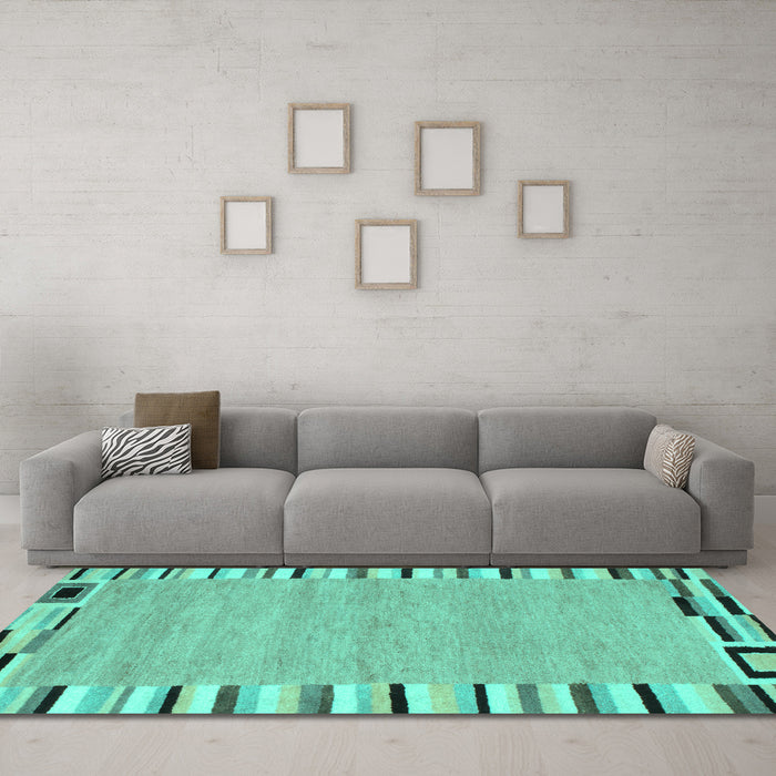 Machine Washable Abstract Turquoise Contemporary Area Rugs in a Living Room,, wshcon532turq