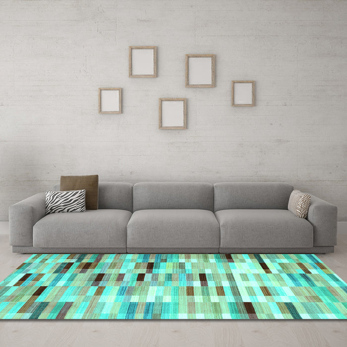 Machine Washable Abstract Turquoise Contemporary Area Rugs in a Living Room,, wshcon539turq