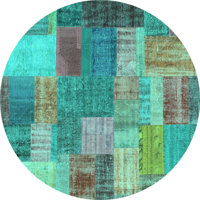 Round Machine Washable Patchwork Turquoise Transitional Area Rugs, wshcon541turq